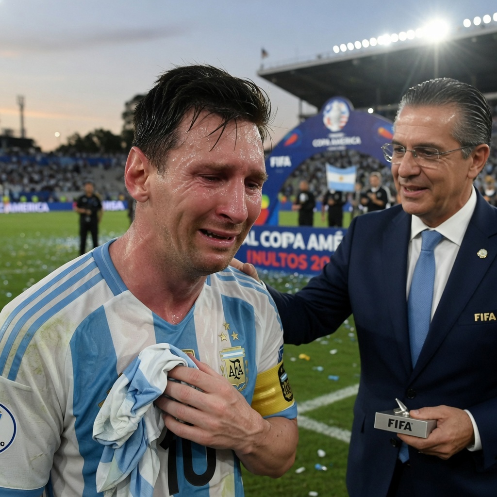 Genera una imagen realista y detallada de Lionel Messi llorando, capturando s...