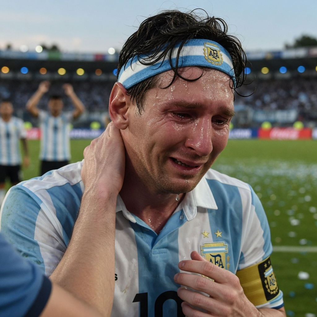 Genera una imagen realista y detallada de Lionel Messi llorando, capturando s...