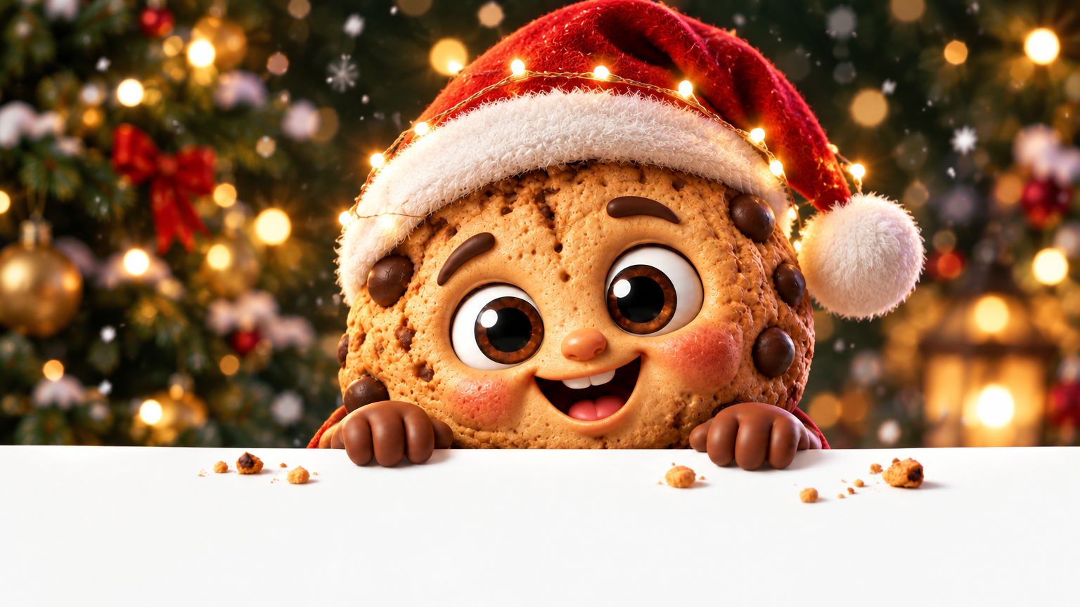Cooky, a 3D animated chocolate-chip cookie character in Pixar style: round go...