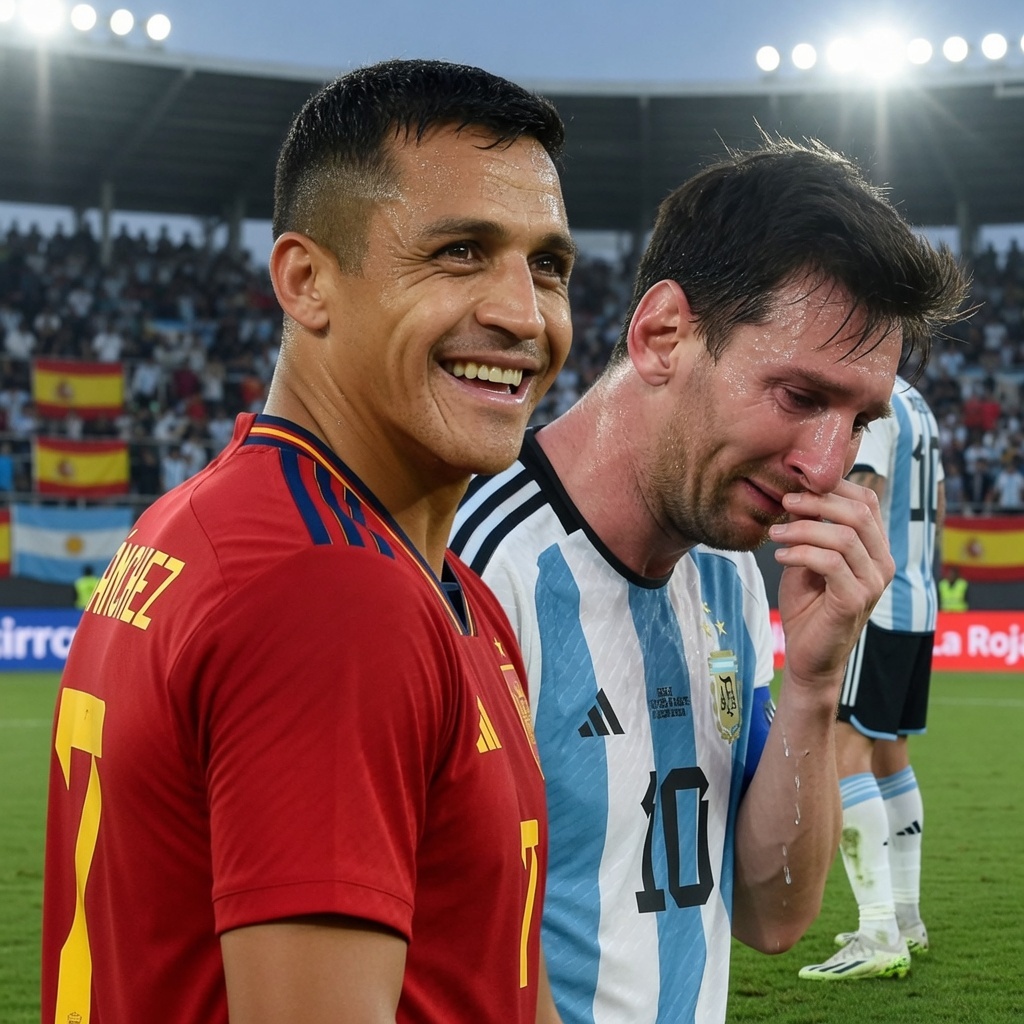 Generar una imagen de Alexis Sanchez con la camiseta de Spain sonriendo viend...