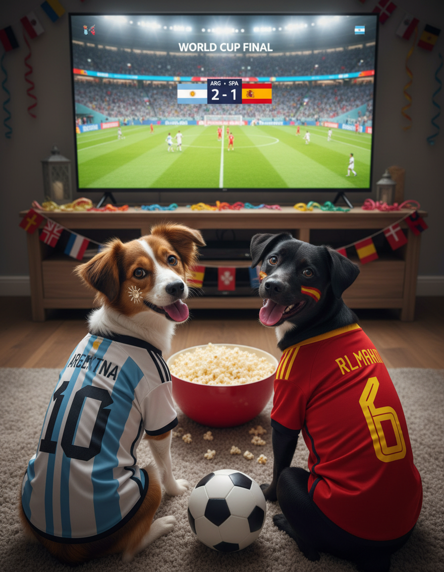 Un plano medio, ligeramente elevado, muestra a 2 perros felices vestidos con ...