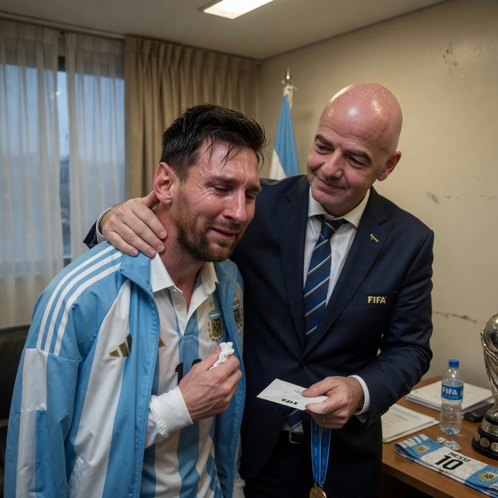 Genera una imagen realista y altamente detallada de Lionel Messi llorando, co...