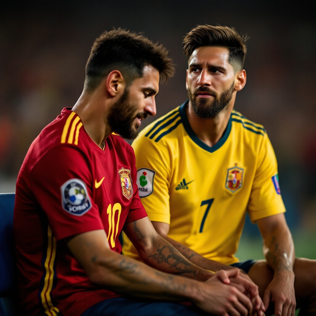 Generar una imagen de Alexis Sanchez con la camiseta de Spain sonriendo viend...