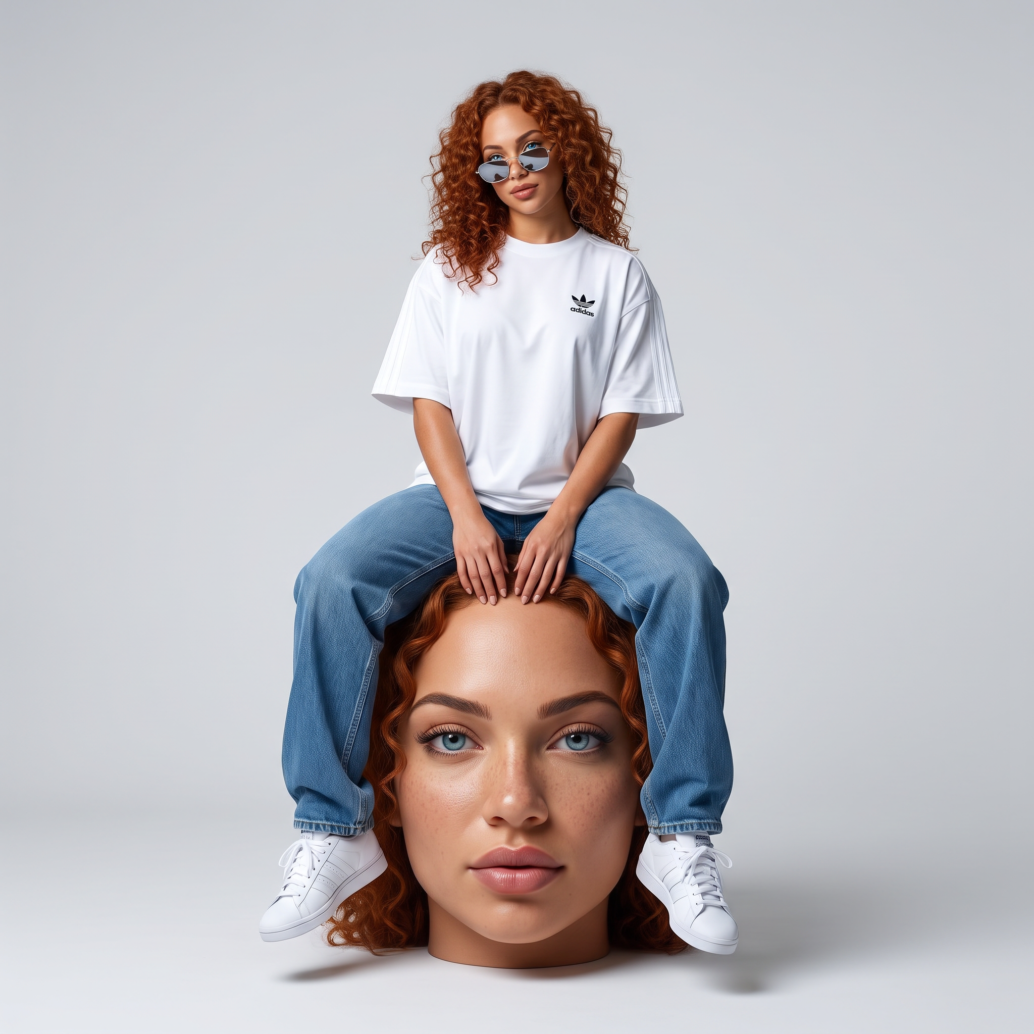 Minimalist studio fashion artwork featuring {{foto}} sitting casually on top ...