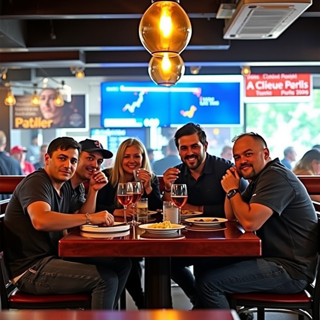 Genera una fotos de 5 personas comiendo en el club Manquehue en chile