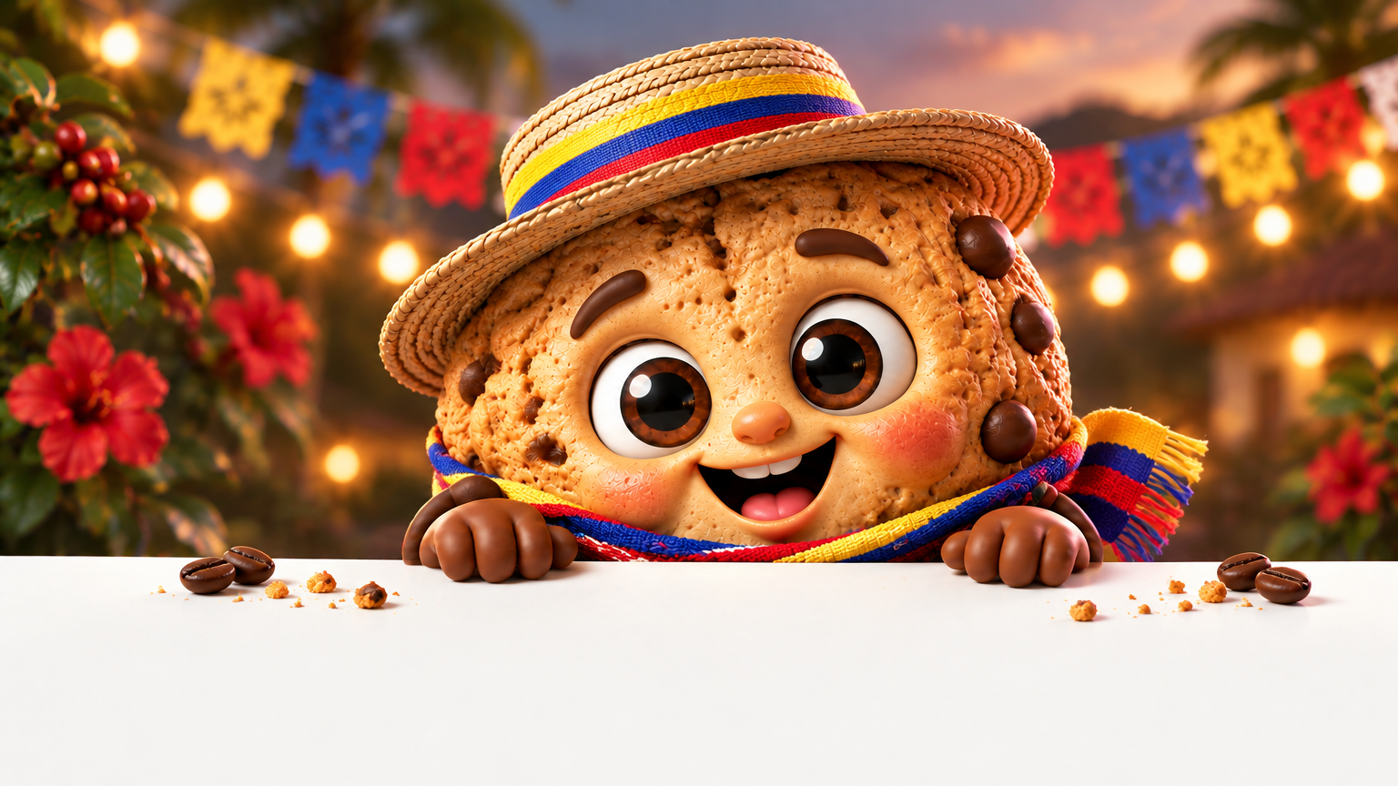 Cooky, a 3D animated chocolate-chip cookie character in Pixar style: round go...