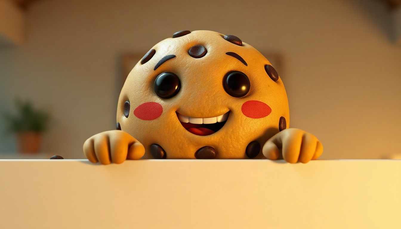 Cooky, a 3D animated chocolate-chip cookie character in Pixar style: round go...