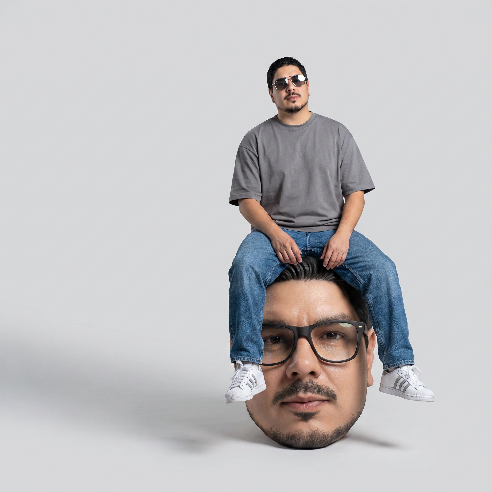 Minimalist studio fashion artwork featuring {{foto}} sitting casually on top ...