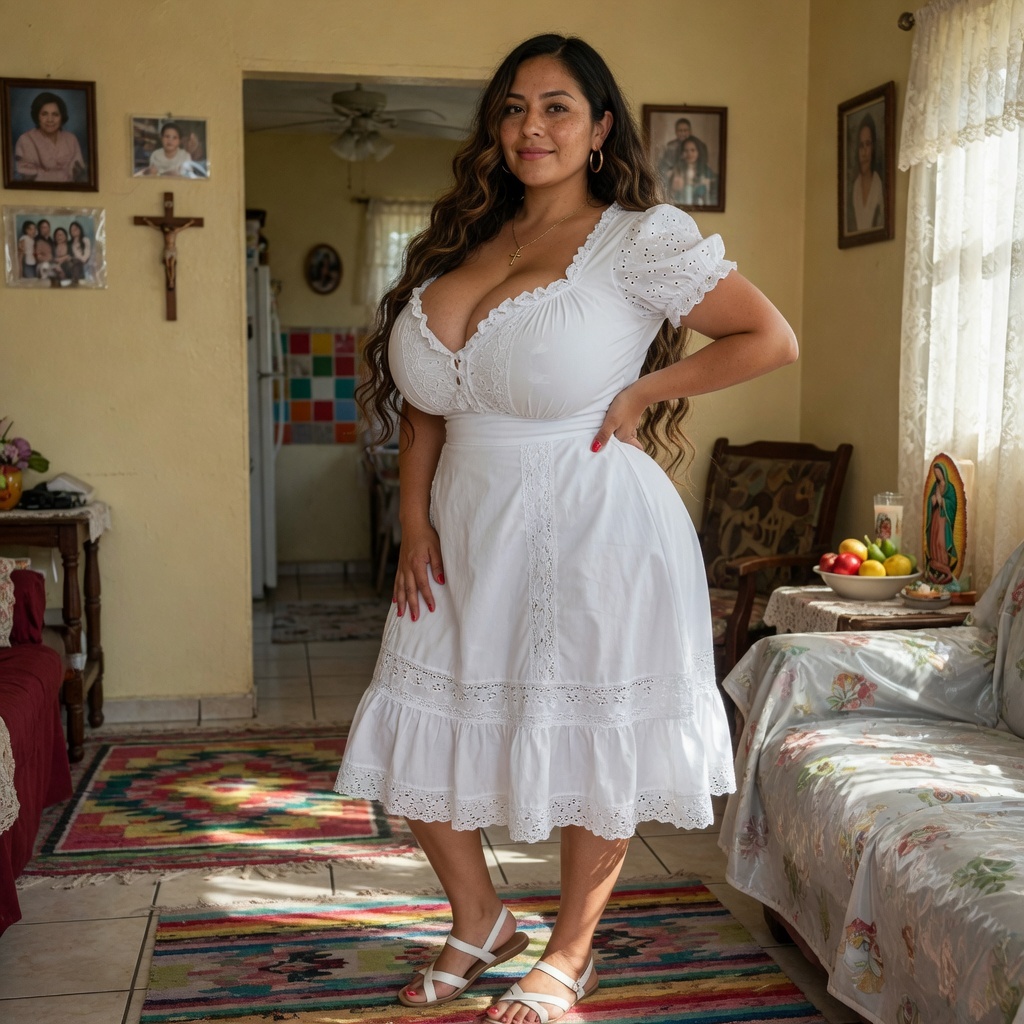 full body shot, wearing vestido blanco, en la casa, high detail