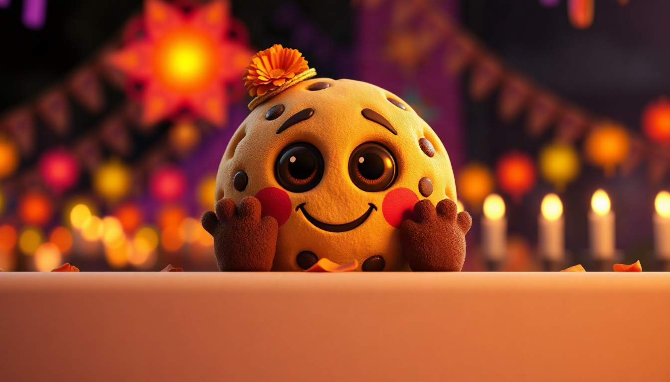 Cooky, a 3D animated chocolate-chip cookie character in Pixar style: round go...