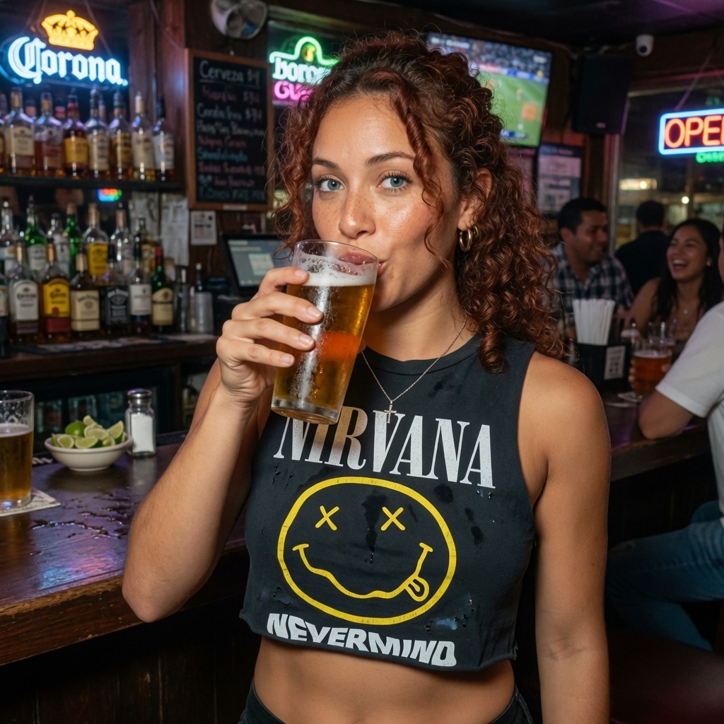 front view, facing the camera, wearing Polera de Nirvana, En un bar tomando c...